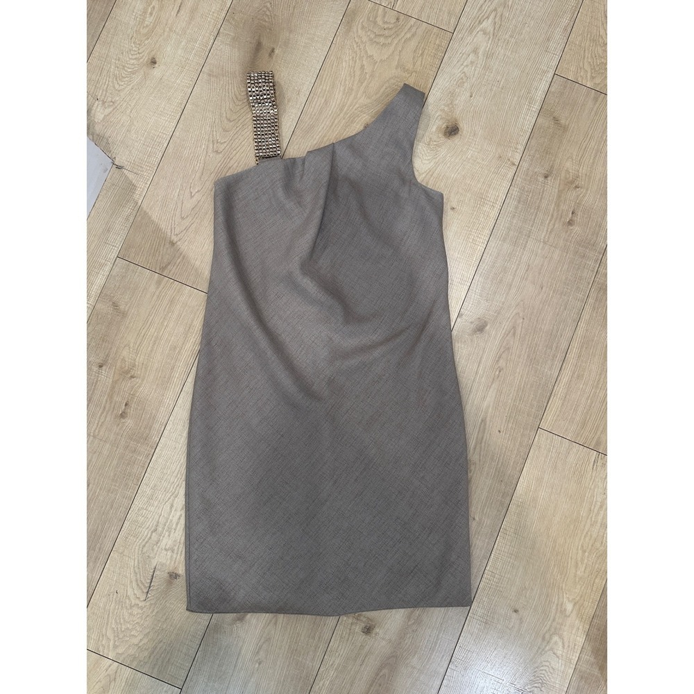 Giorgio Armani Vintage One Shoulder Mini Dress Taupe Gold Chain Strap Italy 42